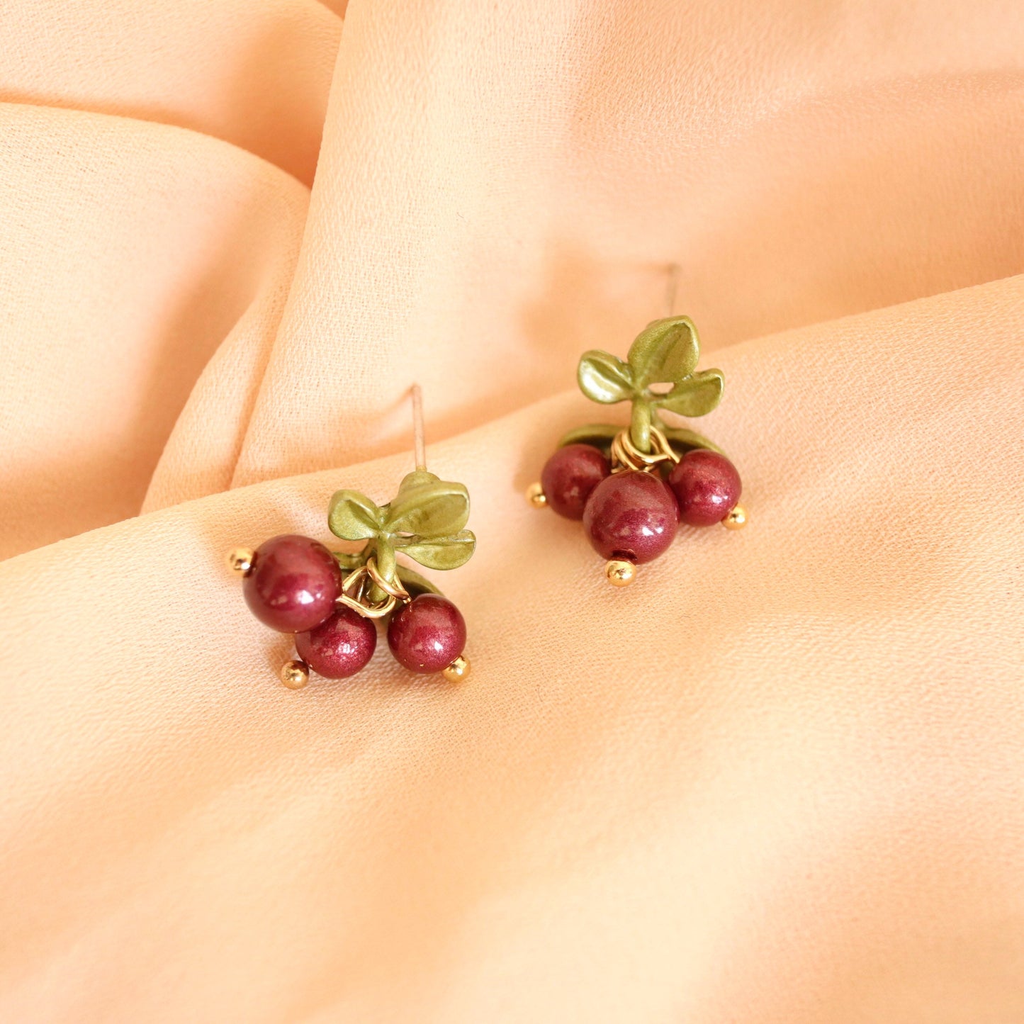 Red Cranberry with Green Leaves Fruit Drop Earrings