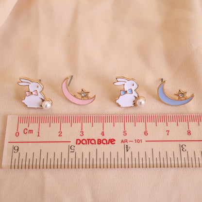 Rabbit / Bunny and Moon Stud Earrings, Pierced or Clip On