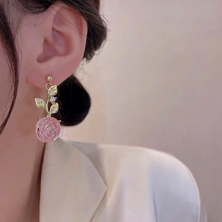 Pink Rose Flower Golden Dangle Earrings