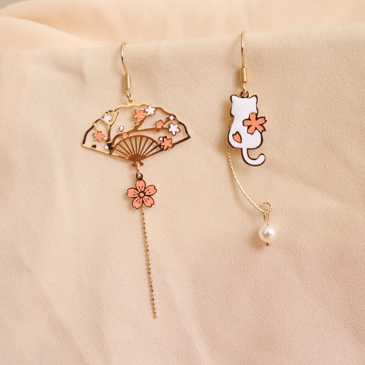 Sakura Cherry Blossom, Cat and Fan Laser-Cut Earrings