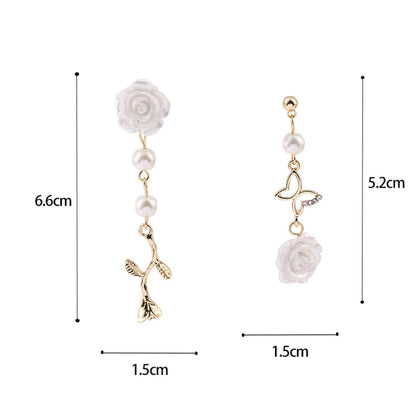 White Rose Butterfly Pearl Dangle Earrings