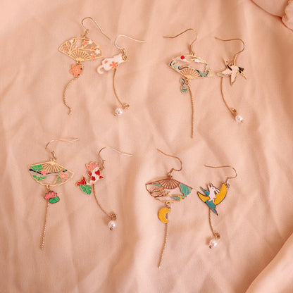 Gold Fish and Lily Pond, Koi and Water Lily Fan Earrings