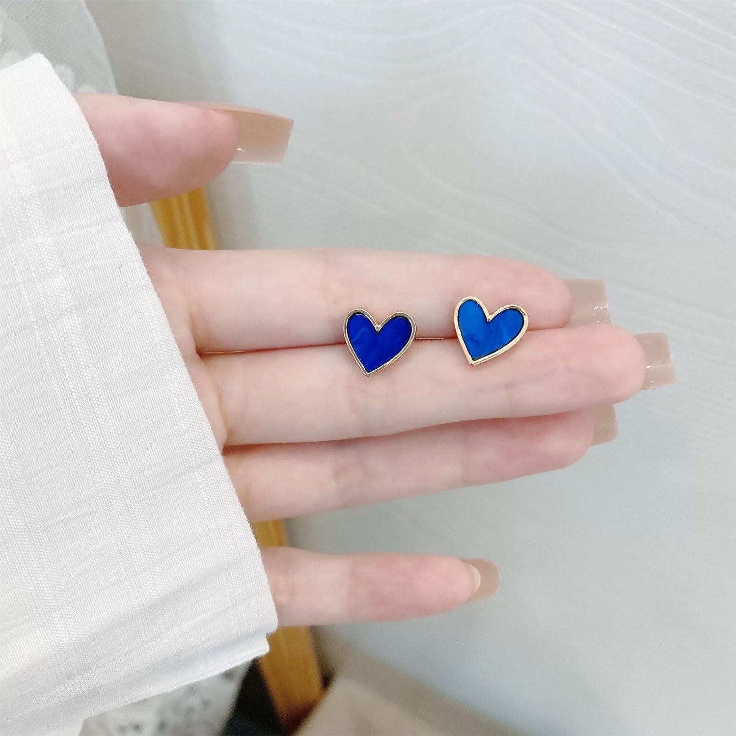 Bright Ocean Blue Heart Stud Dainty Earrings