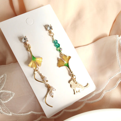 Cat and Leaf Foliage Autumn Earrings