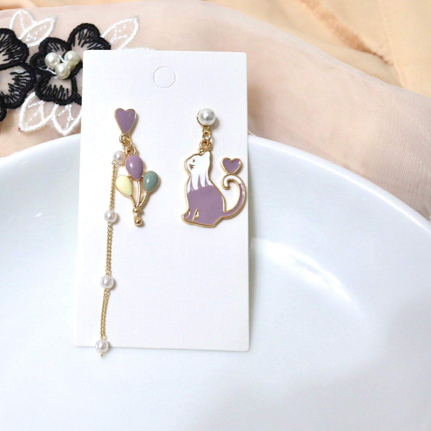 Purple & White Cat with Balloon in a Carnival Mismatch Dangle Earrings