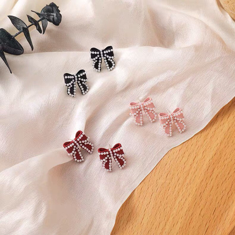 Bow and Mini Pearl Ribbon Stud Earrings, Black/ Red/ Gold/ Pink