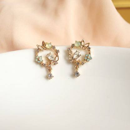 Green Wreath Butterfly Floral Earrings