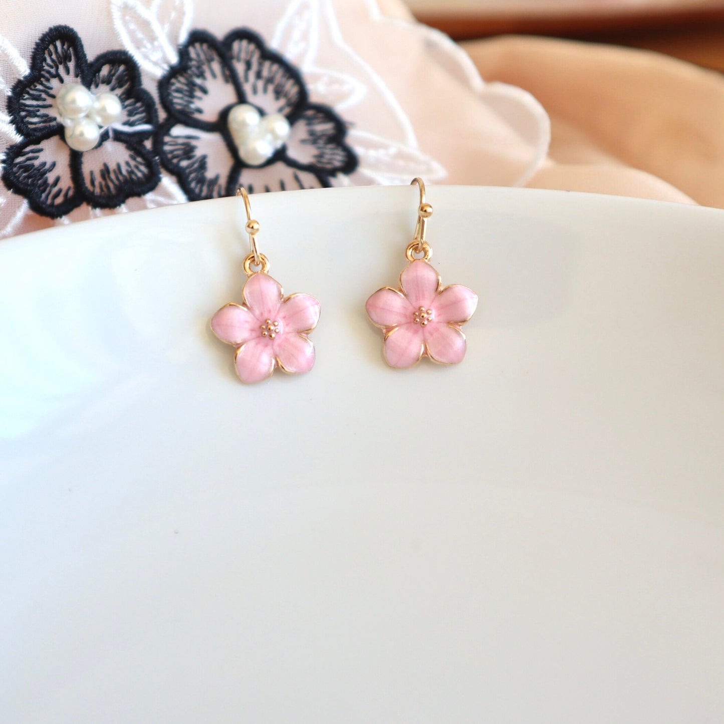 Sakura Cherry Blossom Floral Drop Earrings, Purple/ White/ Pink