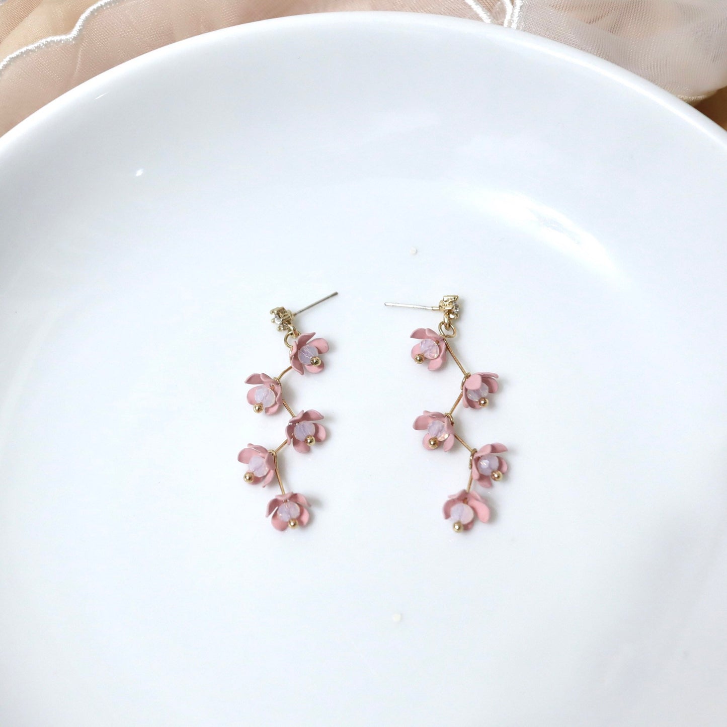 Pink Cherry Blossom Flower Dangle Earrings