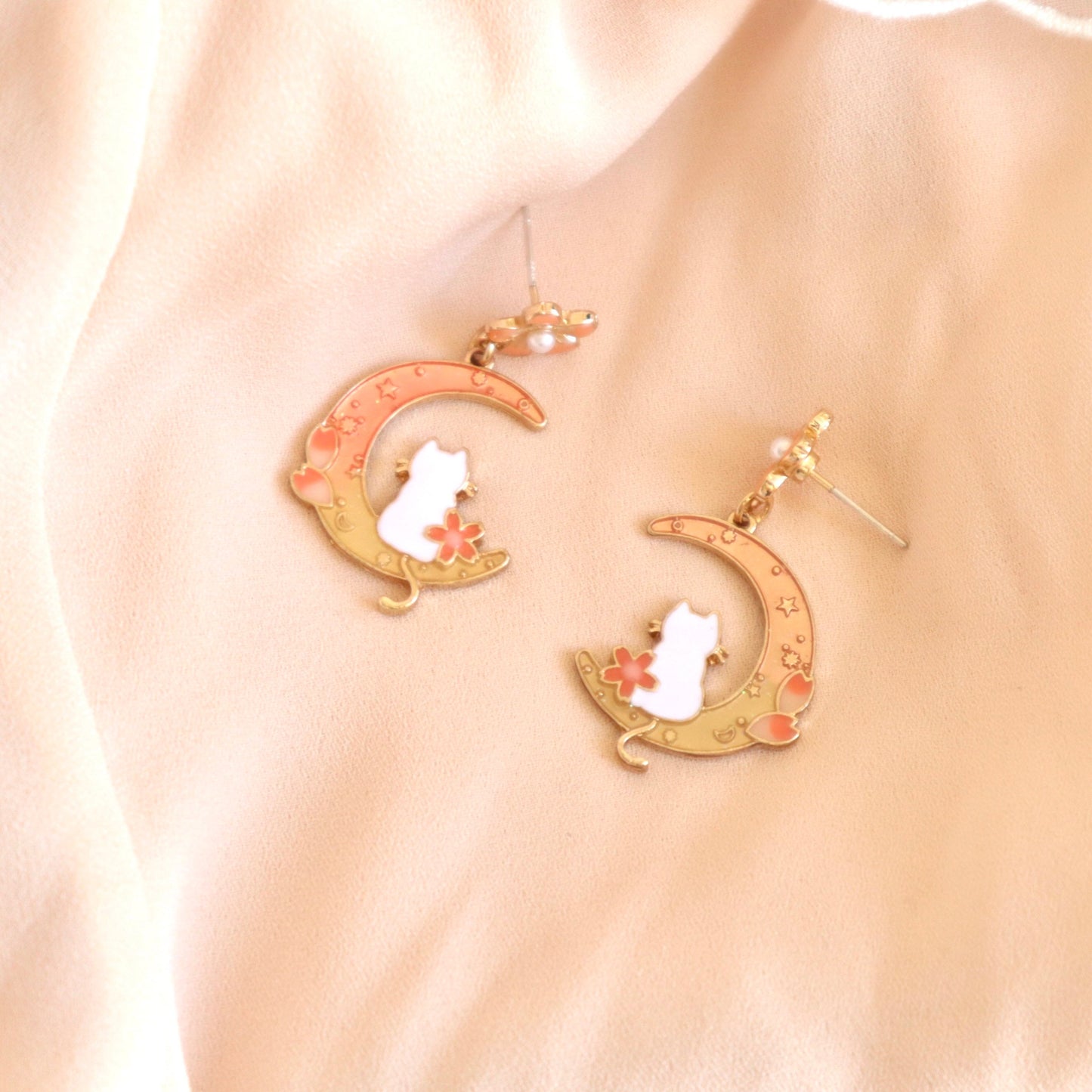 Moon Cat Cherry Blossom Earrings