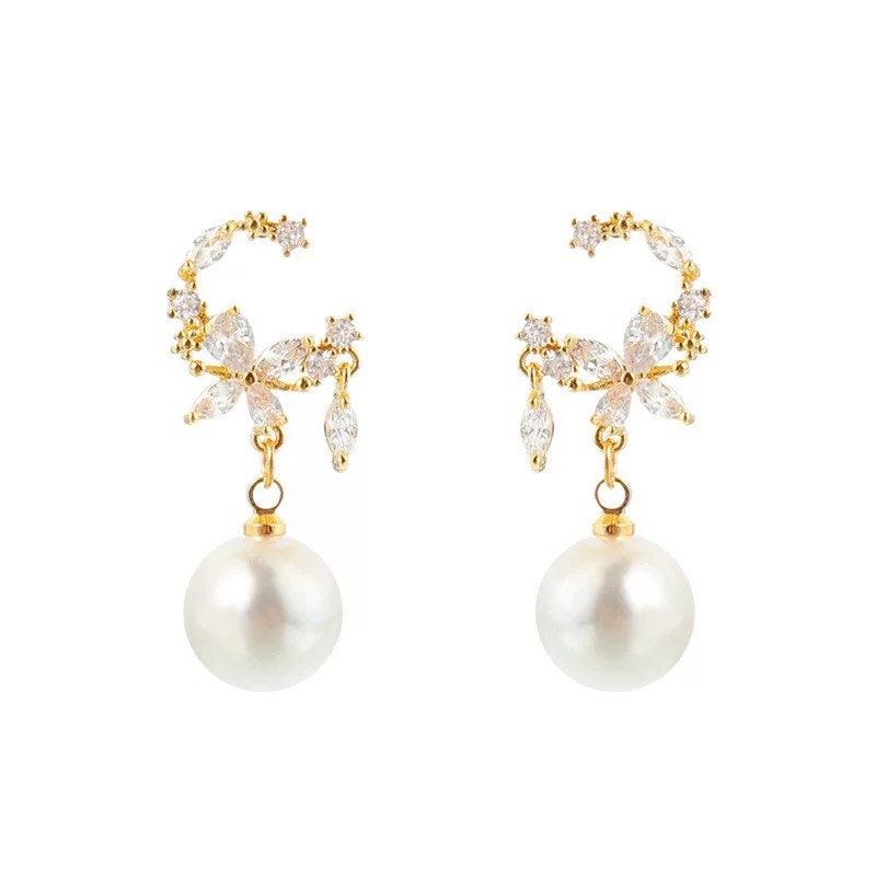 Sparky Moon Cubic Zirconia and Pearl Drop Earrings