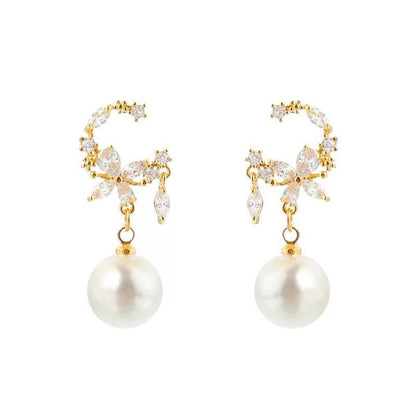 Sparky Moon Cubic Zirconia and Pearl Drop Earrings