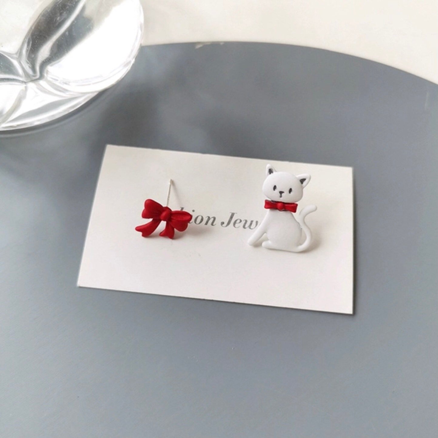 White Cat and Red Ribbon Stud Earrings