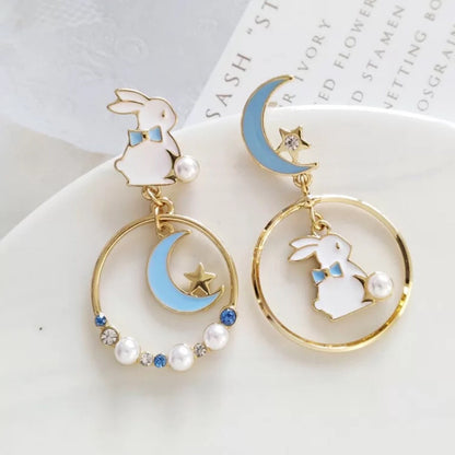 Cute Bunny/ Rabbit Moon and Star Dangle Earrings, Pierced or Clip On