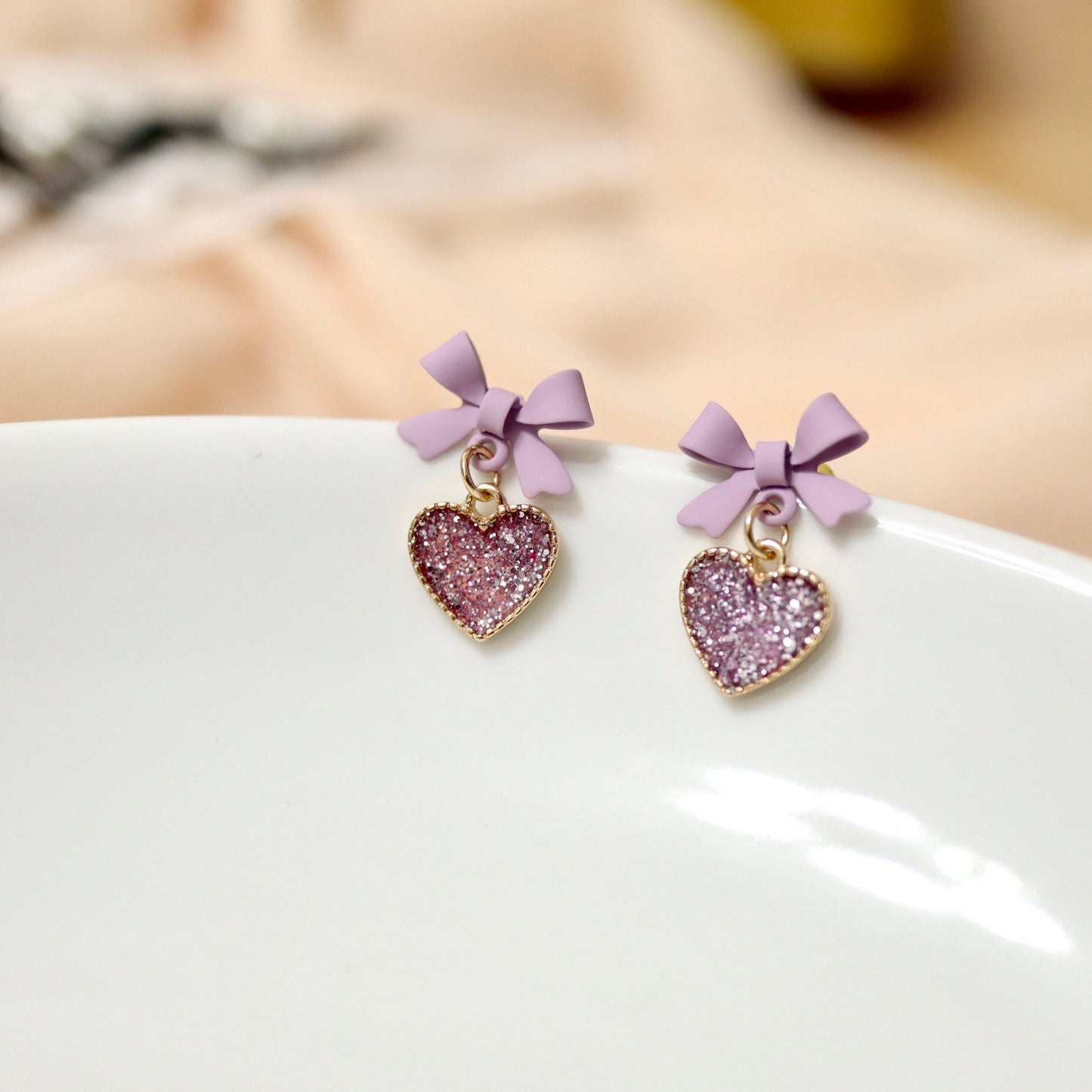 Purple Glitter Heart Drop Earrings, Lavender Bow Earrings