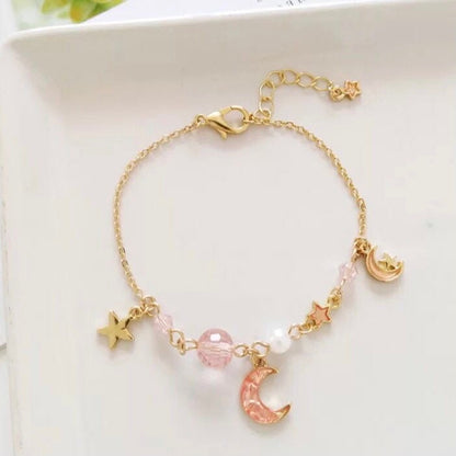 Moon and Star, Crescent Moon Charm Bracelet, Blue / Pink and Gold Celestial Bracelet