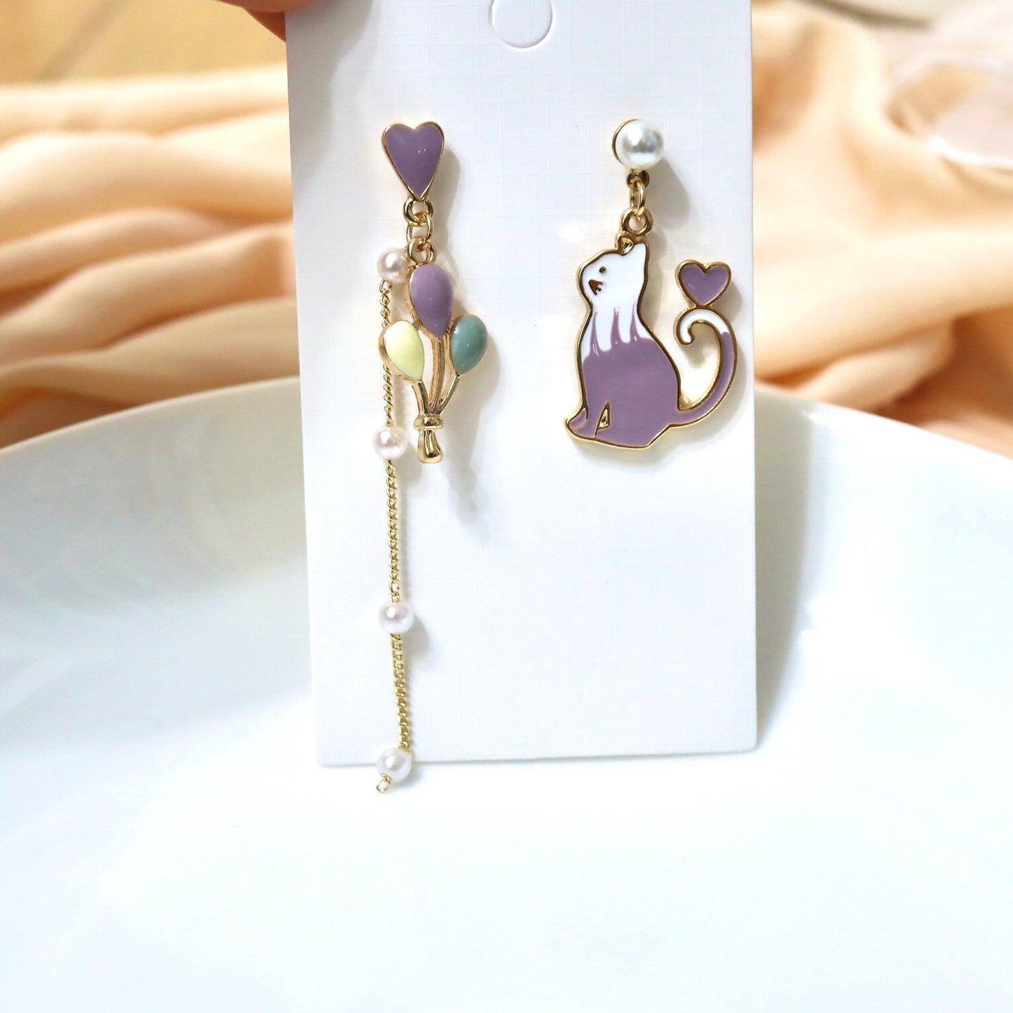 Purple & White Cat with Balloon in a Carnival Mismatch Dangle Earrings