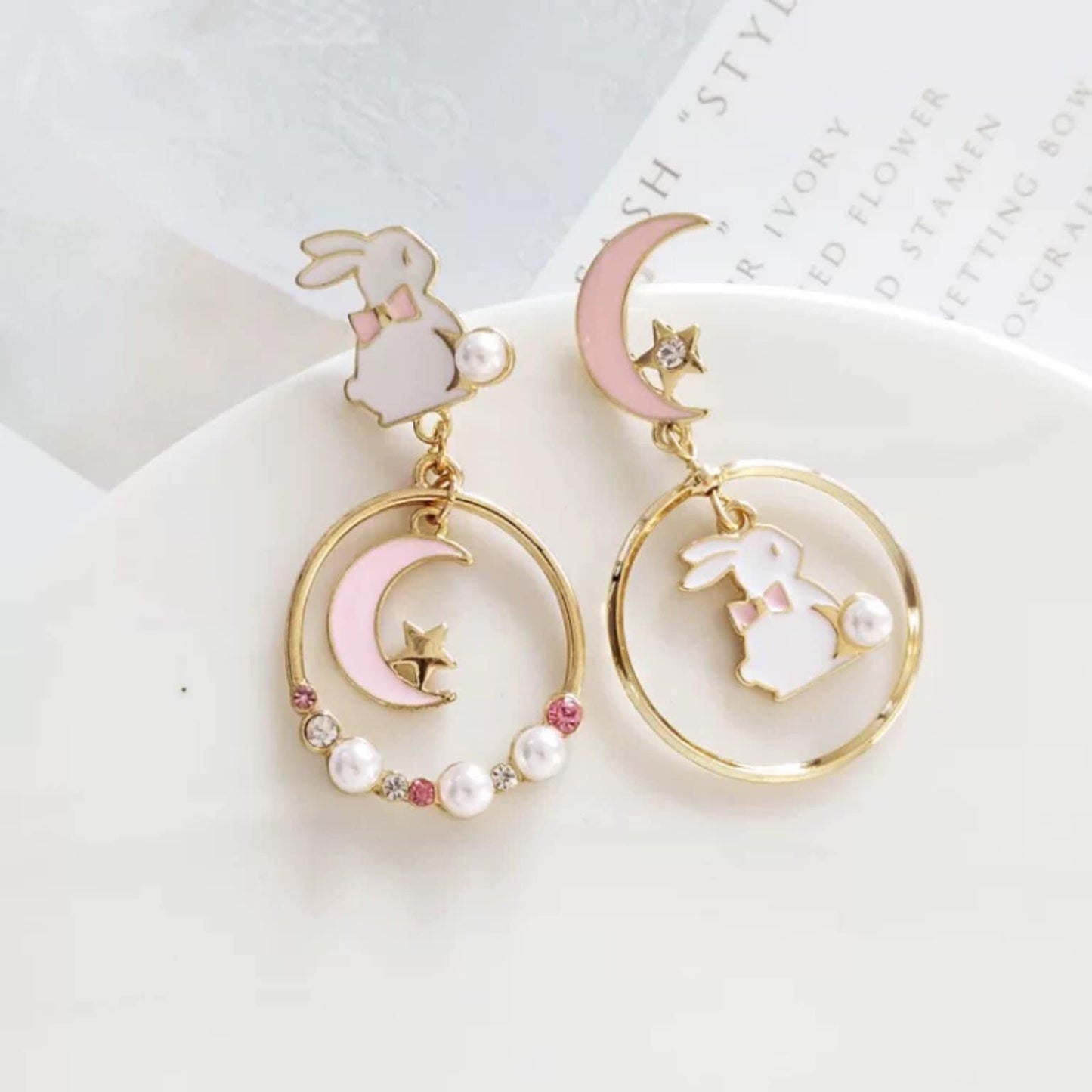 Cute Bunny/ Rabbit Moon and Star Dangle Earrings, Pierced or Clip On