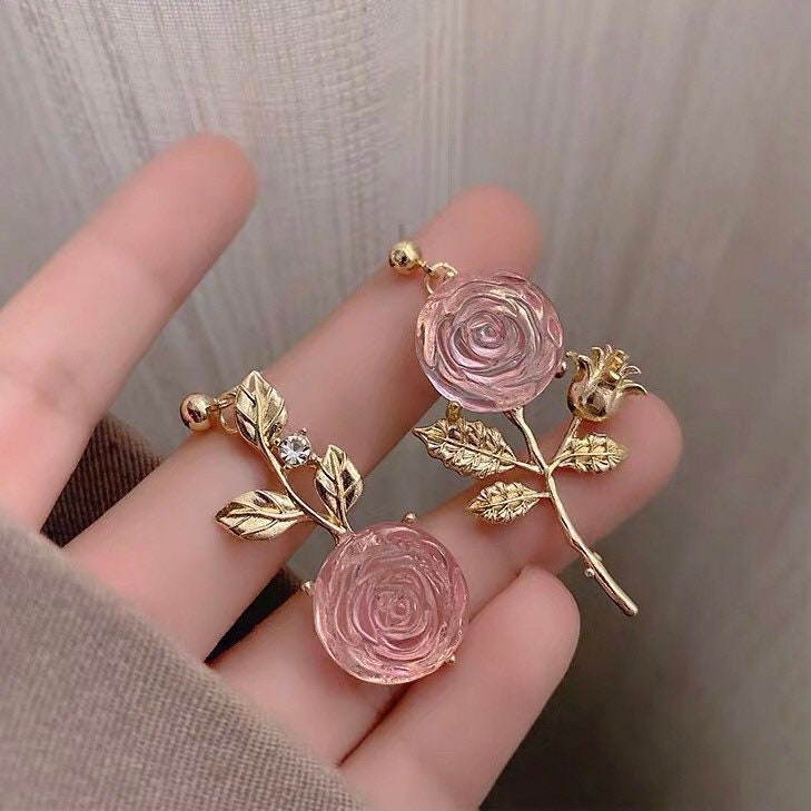 Pink Rose Flower Golden Dangle Earrings