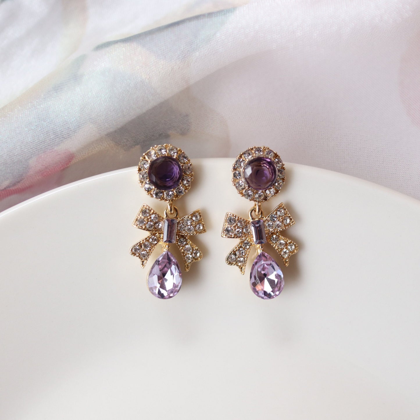 Vintage Gothic Lavender Purple Crystal Ribbon Dangle Earrings