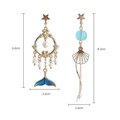 Mermaid Blue Fish Tail Sea Shell Gold Dangle Earrings