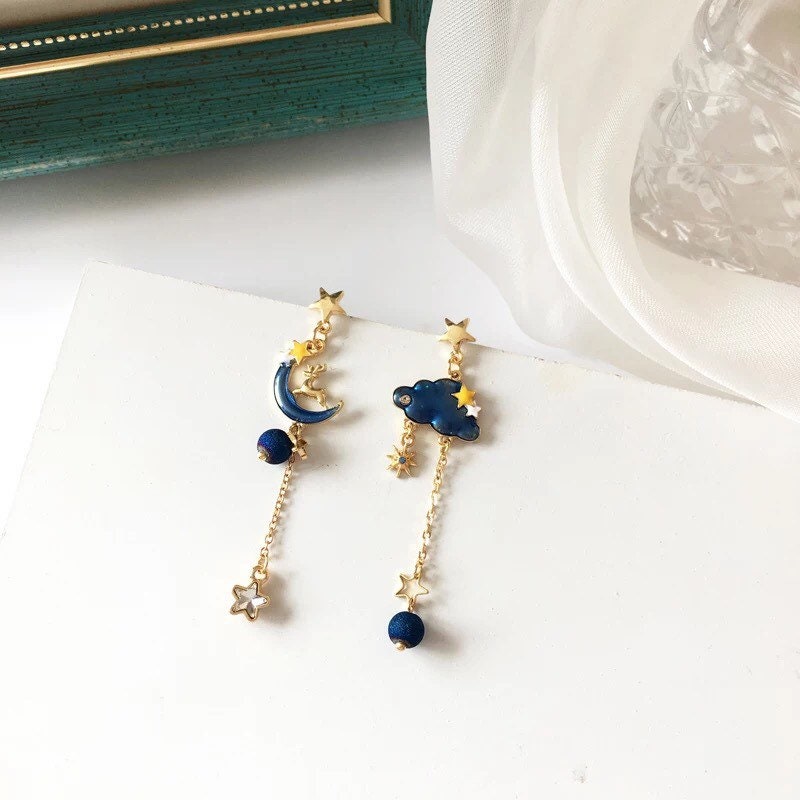 Deer on Blue Moon / Cloud Blue Sky Earrings