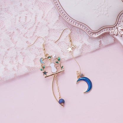 Blue Moon Cat Cute Dangle Earrings