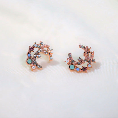 Crescent Moon with Sparky Gems Rose Gold Stud Earrings