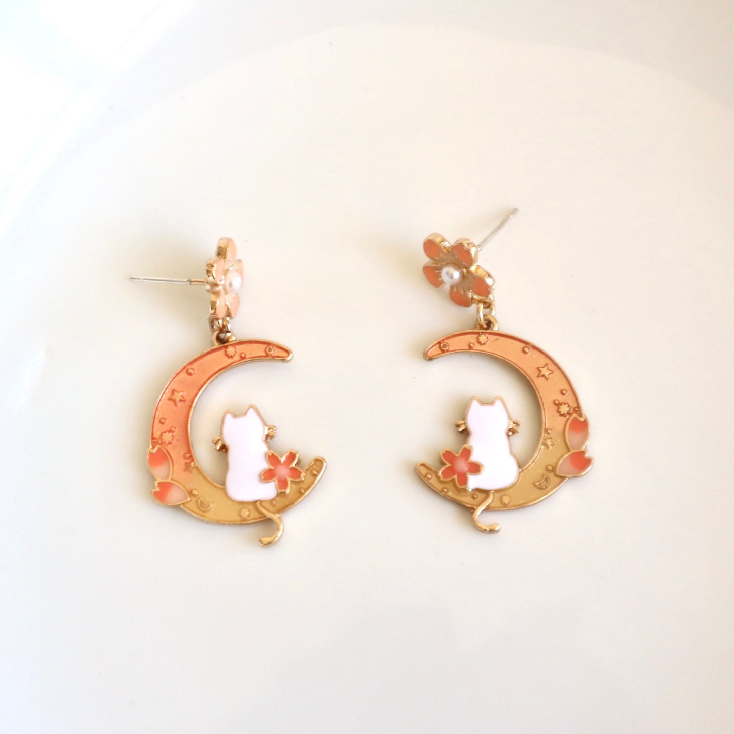 Moon Cat Cherry Blossom Earrings