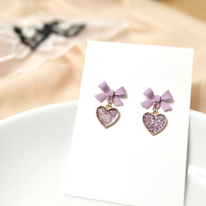 Purple Glitter Heart Drop Earrings, Lavender Bow Earrings