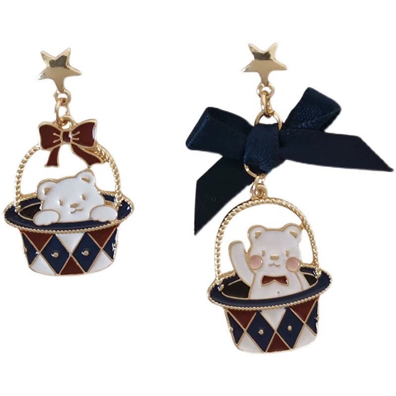 White Teddy Bear in Magician Hat Earrings