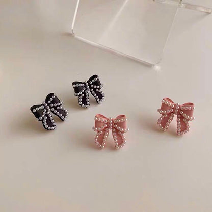 Bow and Mini Pearl Ribbon Stud Earrings, Black/ Red/ Gold/ Pink