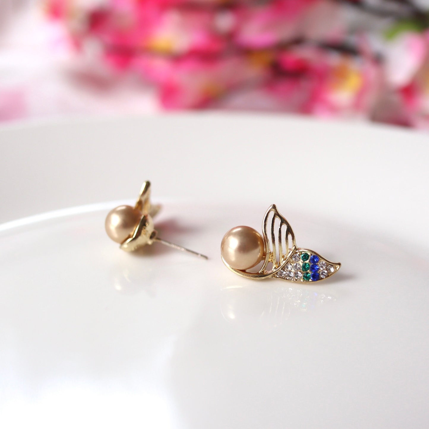 Mermaid Tail Golden Pearl Stud Earrings