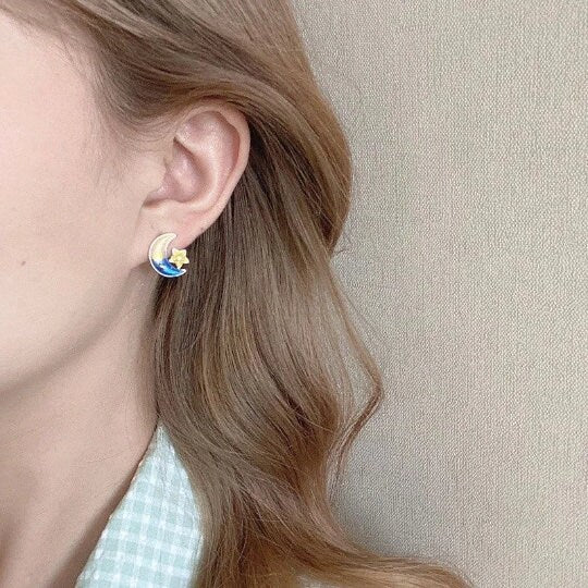 Rabbit and Blue Moon Stud Earrings