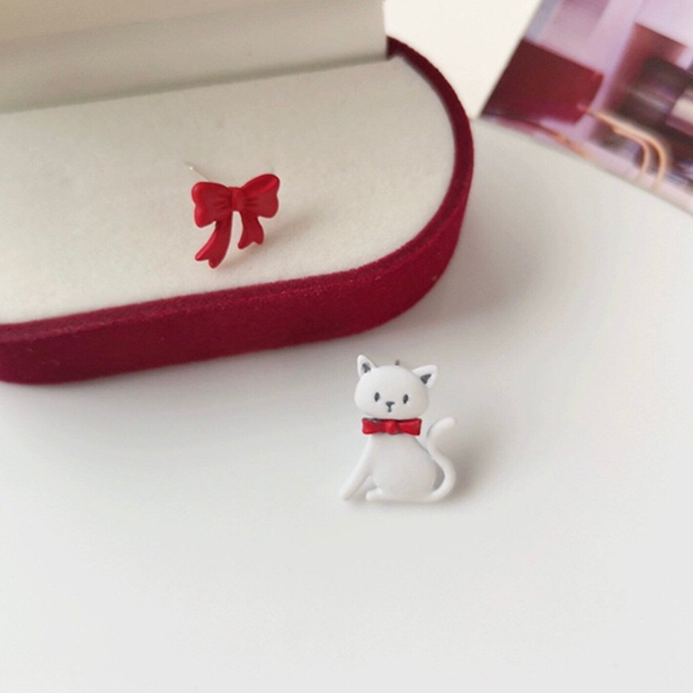 White Cat and Red Ribbon Stud Earrings