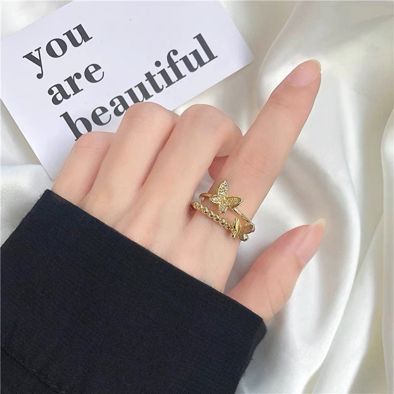 Butterfly Double Layer Gold Ring, Statement Ring, Open Ring, Adjustable Ring