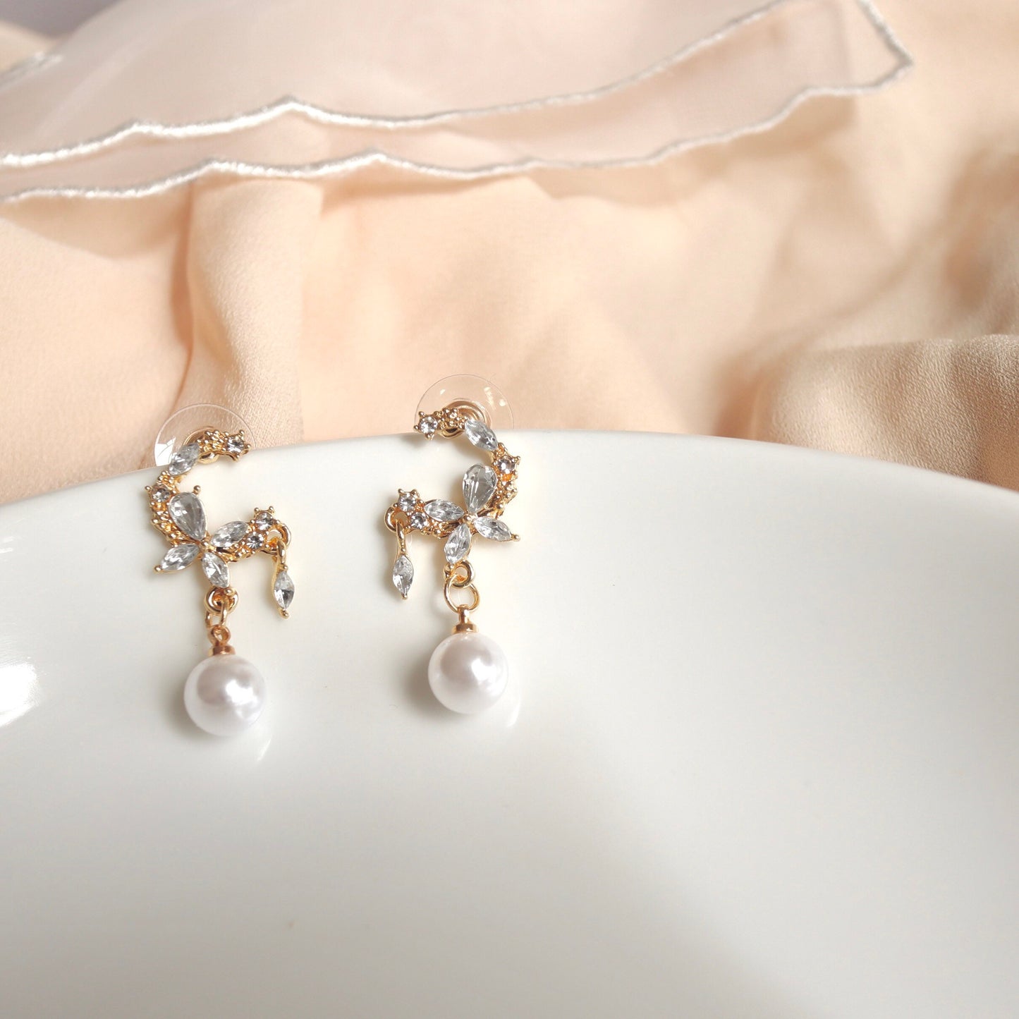 Sparky Moon Cubic Zirconia and Pearl Drop Earrings