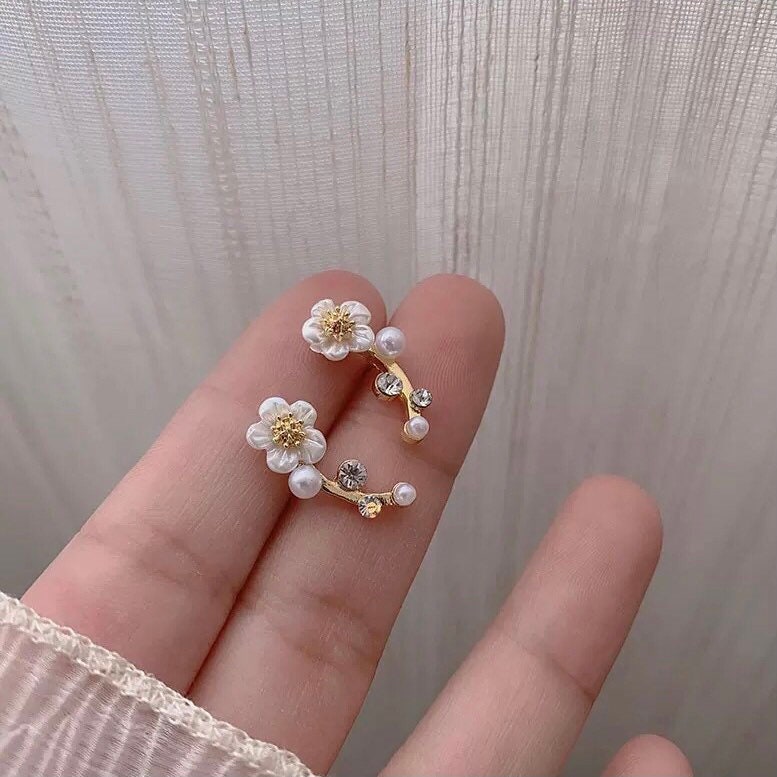 Daisy Ear Climber Stud Earrings, Dainty Flower Earrings