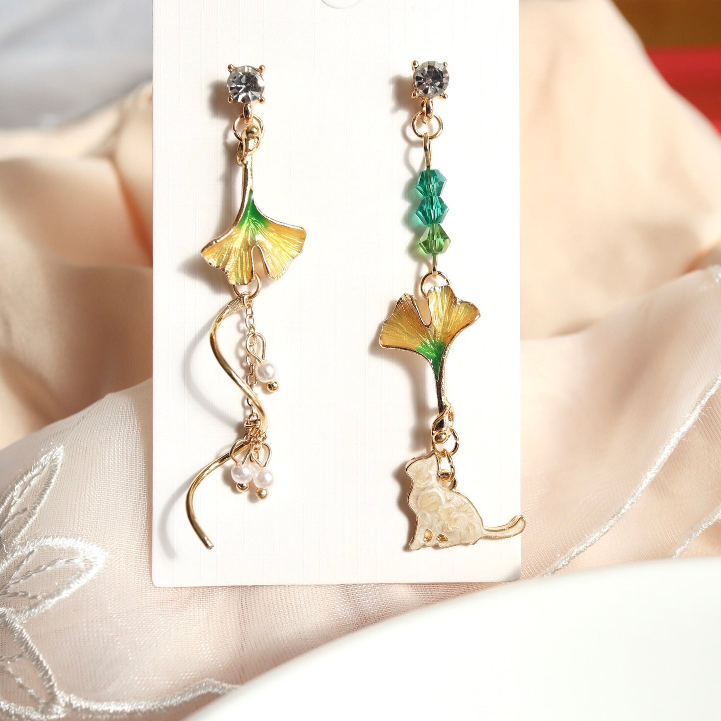 Cat and Leaf Foliage Autumn Earrings