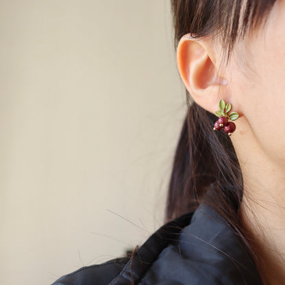 Red Cranberry with Green Leaves Fruit Drop Earrings