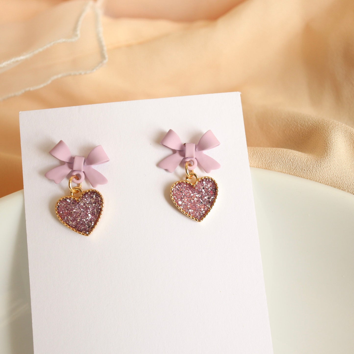 Purple Glitter Heart Drop Earrings, Lavender Bow Earrings