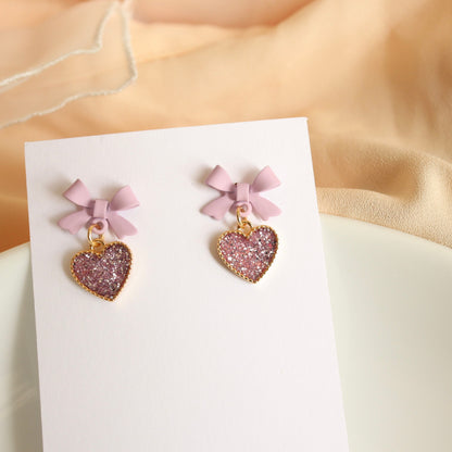 Purple Glitter Heart Drop Earrings, Lavender Bow Earrings