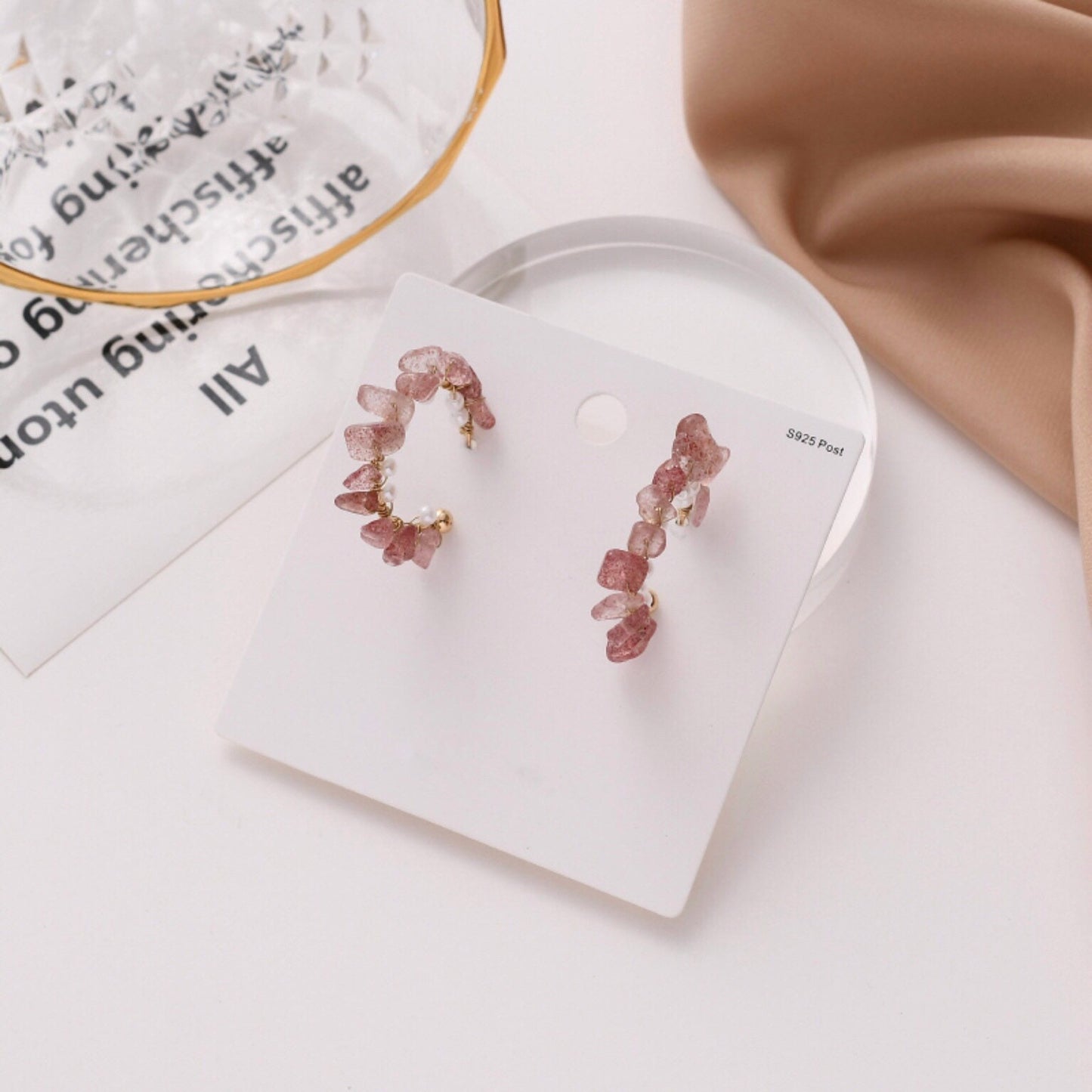 Pink Natural Quartz Hoop Earrings, Strawberry Rose Color with Faux Pearl