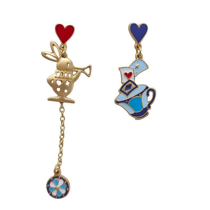 Golden Bunny/ Rabbit Earrings, Alice in the Wonderland Playing Card and Tea Cup Earrings