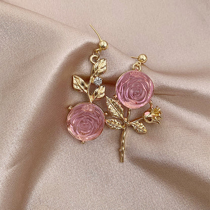 Pink Rose Flower Golden Dangle Earrings