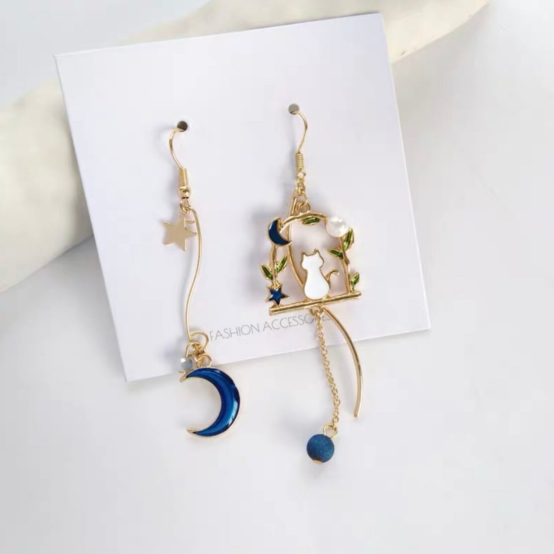 Blue Moon Cat Cute Dangle Earrings