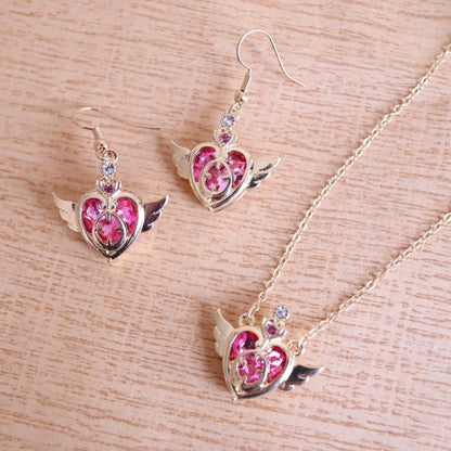 Heart with Angel Wings Compact Necklace/ Earrings, Sailor Moon Inspired Jewelry Set