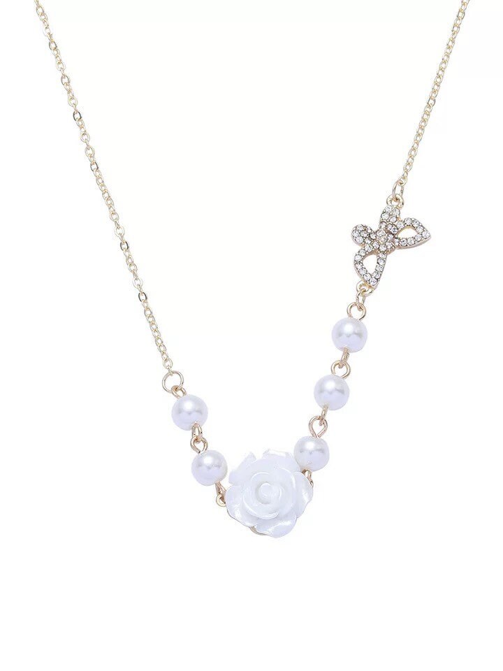 White Rose, Butterfly and Pearl Choker Necklace