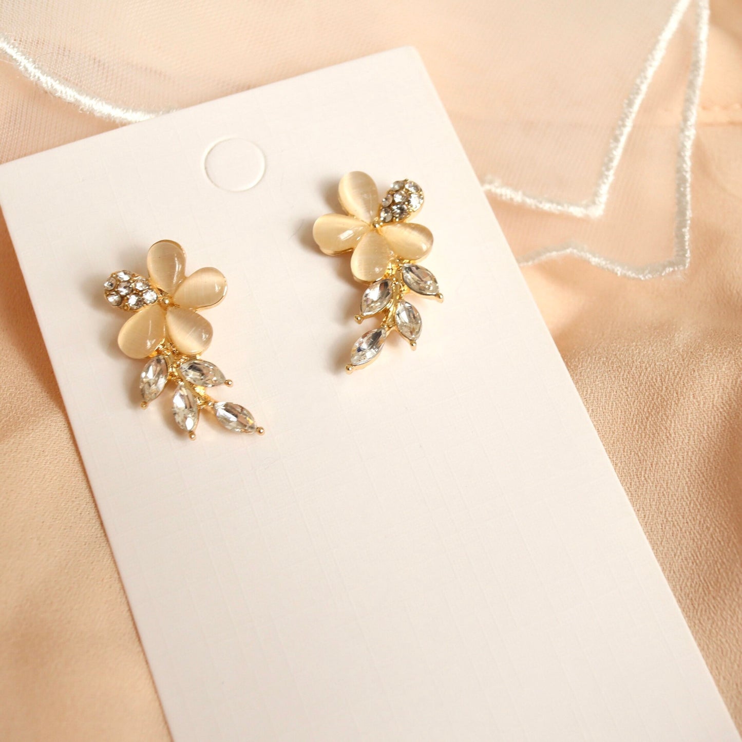 Gold Opal Flower Earrings, Leaf Laurel Vine Ear Climbers