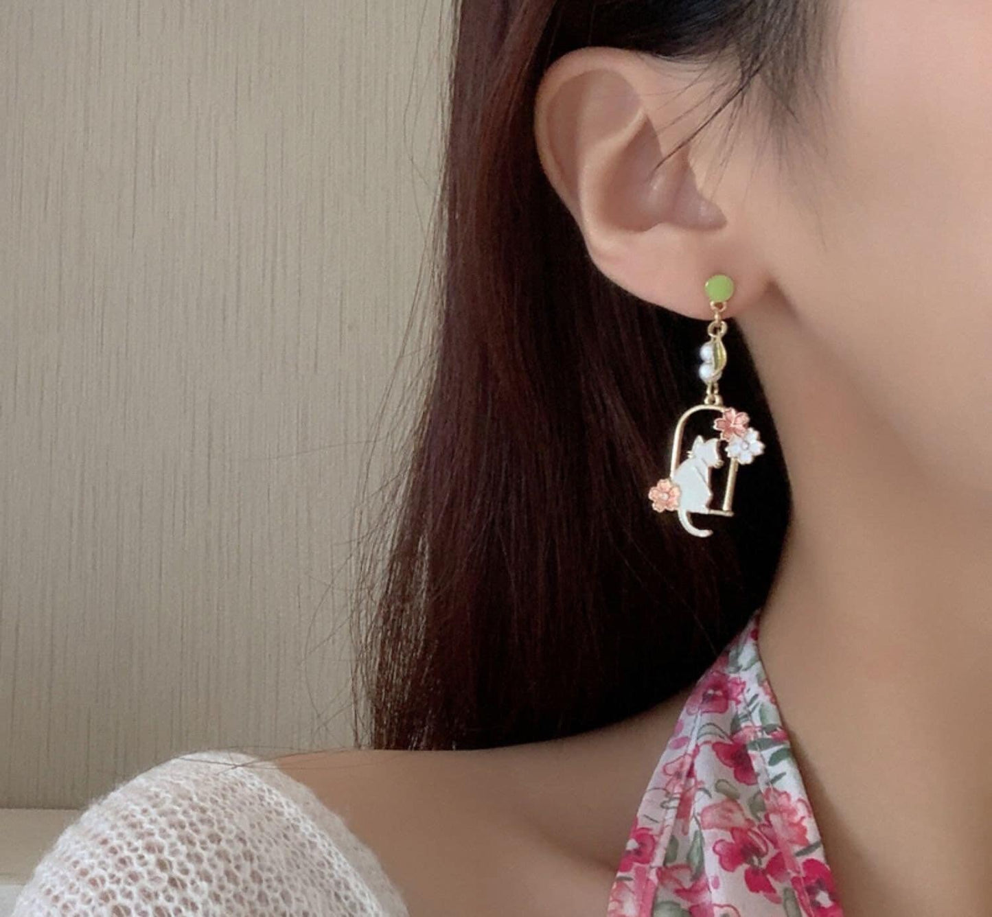 White Cat with Cherry Blossom Blooming Spring Earrings